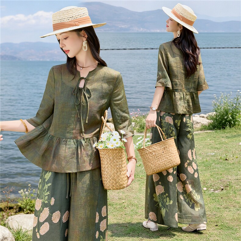 时尚苎麻印花拼接阔腿裤扎染宽松上衣复古风套装女,女装套装/套裙,水衣源