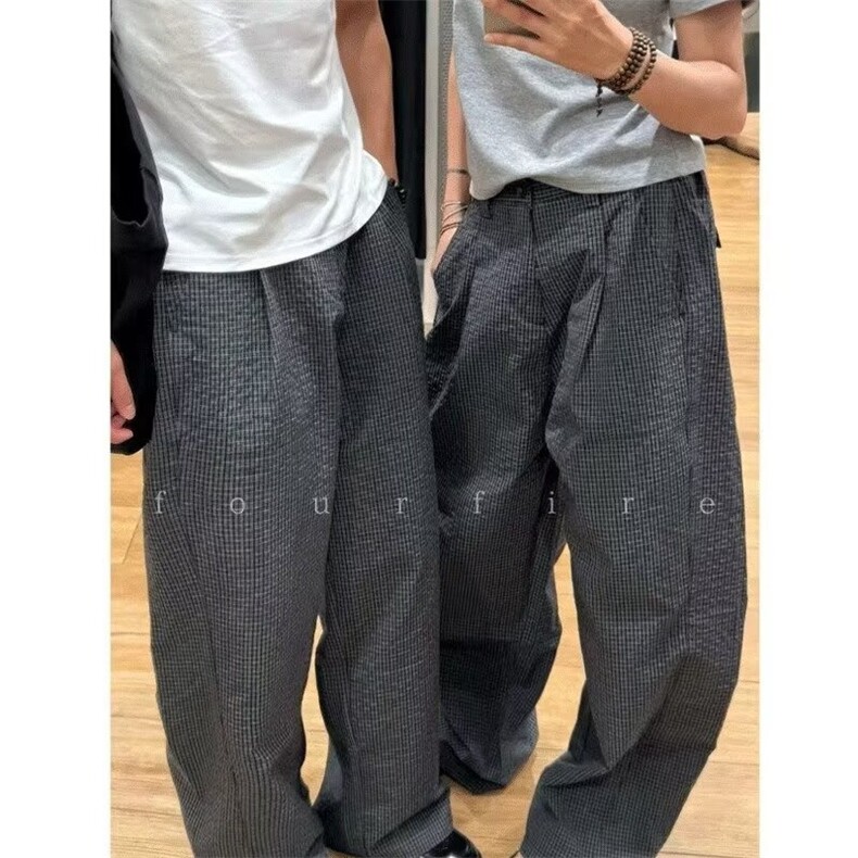 美式泡泡纱格纹休闲裤男女阔腿宽松情侣弯刀长裤子秋季K6669,男装休闲裤,星座601-1