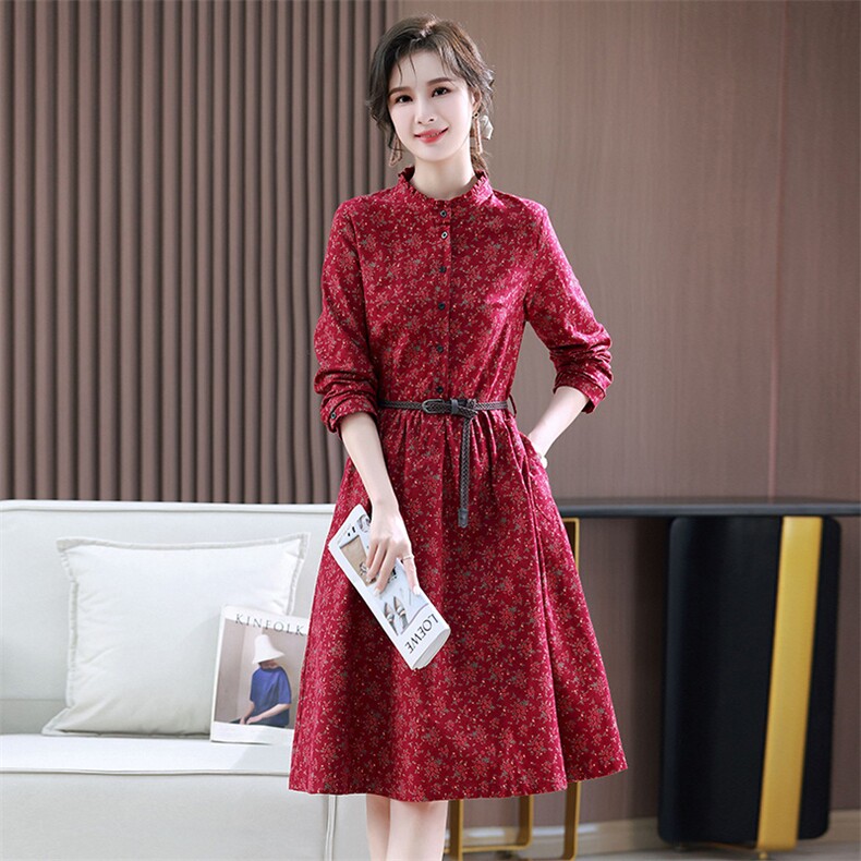 小个子休闲碎花棉麻连衣裙女2024春季新款气质收腰长袖纯棉裙子,女装连衣裙,木橙西子