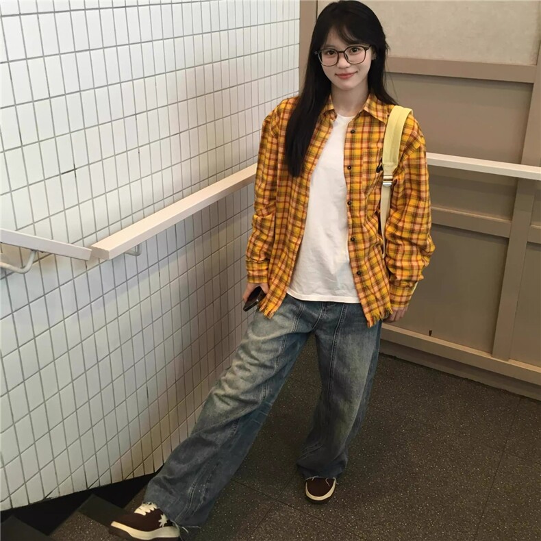 复古多巴胺格子衬衫女春秋宽松慵懒风独特超好看流苏衬衣外套,男装衬衫,星座1210-1