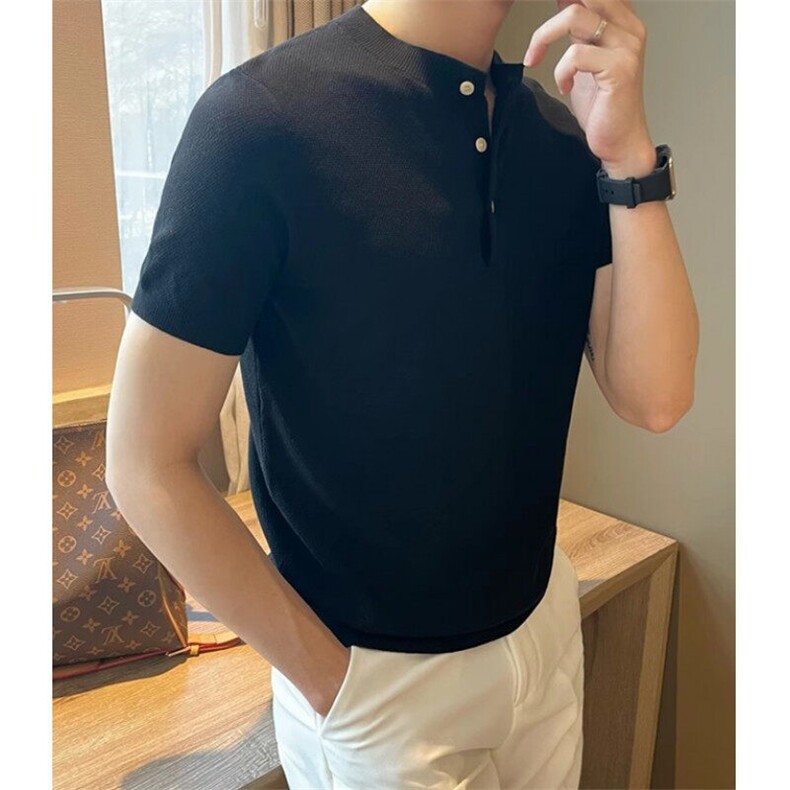 欧货半高领针织衫肌肉男硬汉紧身弹力短袖莫代尔条纹t恤 Z04图片