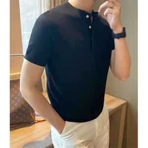 欧货半高领针织衫肌肉男硬汉紧身弹力短袖莫代尔条纹t恤 Z04图片