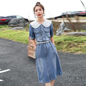 法式复古蕾丝娃娃领牛仔连衣裙2022夏季新品气质女牛仔裙减龄气质,女装连衣裙,意芙