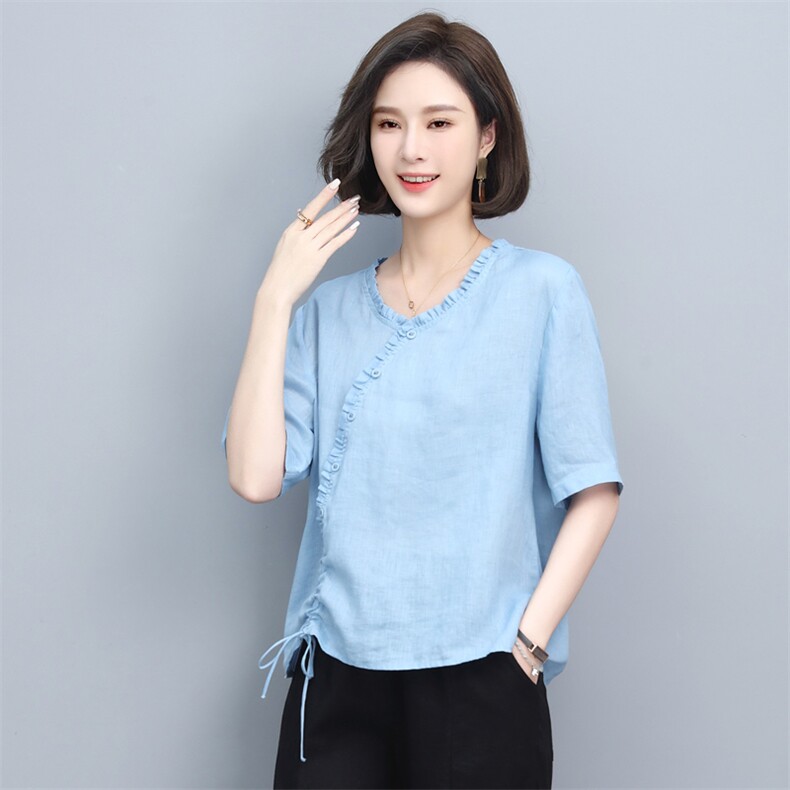 棉麻T恤女夏2022新款短款宽松休闲中年妈妈复古大码上衣亚麻小衫,女装T恤,涵誉