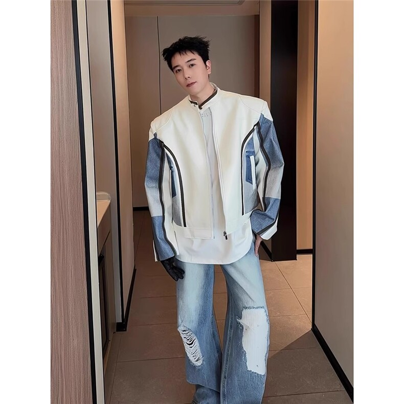 春秋皮衣夹克男女炸街拼接赛车服高级感宽松垫肩外套LJK8571-P75图片