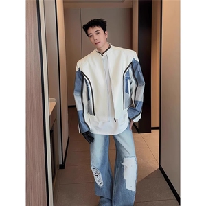 春秋皮衣夹克男女炸街拼接赛车服高级感宽松垫肩外套LJK8571-P75图片