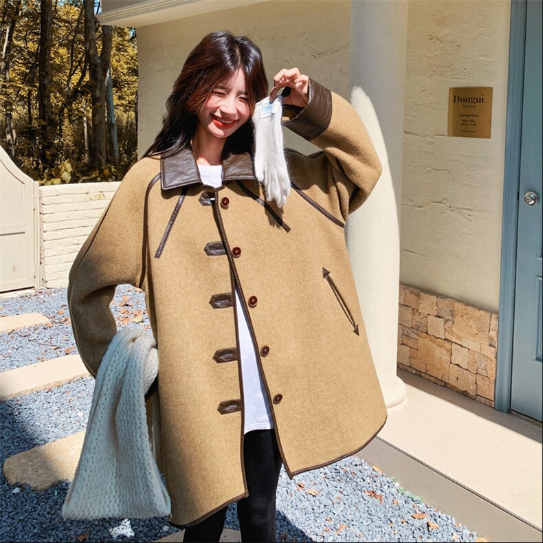 卡其色韩系慵懒风休闲毛呢外套女秋冬新款小个子加厚中长款呢大衣,女装毛呢外套,2B187