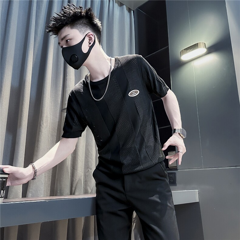 网眼镂空透气针织短袖T恤个性社会小伙店主风301C-DT109-P58控78图片