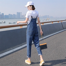 裤子2021年夏季常规九分裤口袋韩版背带，女装牛仔裤，秋水欣儿
