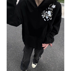 花卉刺绣连帽卫衣男秋冬加绒潮牌宽松情侣款外套 W77225图片