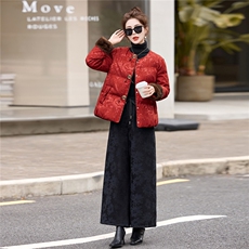 现货2025年冬装新款白鸭绒羽绒服中式提花套装休闲裤加绒阔腿裤女，女装羽绒服，璐依舞