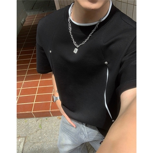 曼巴棉拼接撞色破缝解构铆钉设计感夏季短袖T恤男D424 特P30图片