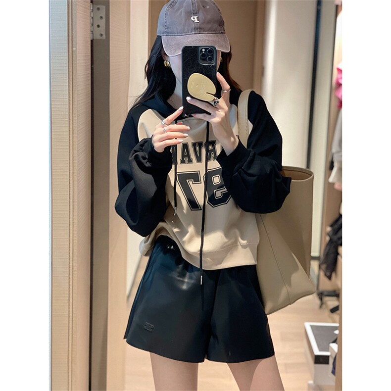 小个子撞色连帽字母卫衣2022秋季新款韩版时尚宽松运动数字上衣女,女装卫衣/绒衫,辉之琳
