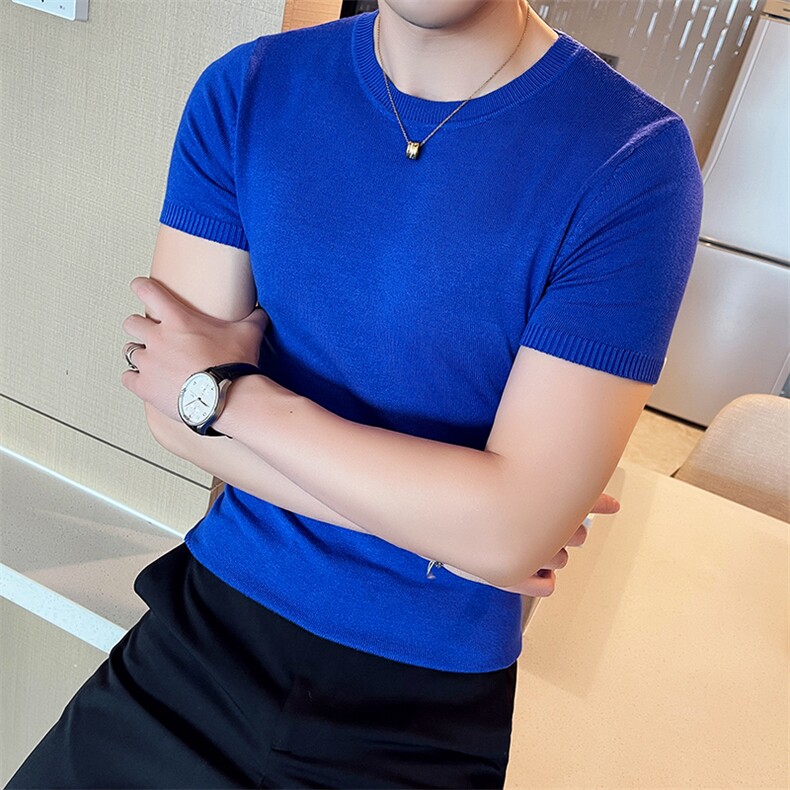 针织衫毛衣男M02/p40秋季短袖修身圆领纯色内搭打底衫线衣男兰,男装针织衫/毛衣,电商D303