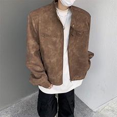美式复古做旧棕色机车服皮衣外套男春秋小众设计感短款垫肩夹克衫，男装夹克，星座505-2（原电商A260-1)