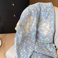7015-P46春夏新款彩色棋盘格高街美式复古宽松显瘦阔腿牛仔裤，男装牛仔裤，电商B323A