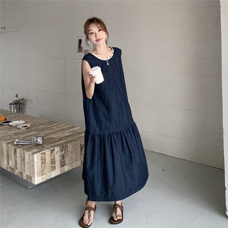 高级感宽松荷叶边鱼尾牛仔长裙女夏新款休闲显瘦气质背心裙连衣裙,女装连衣裙,2C307