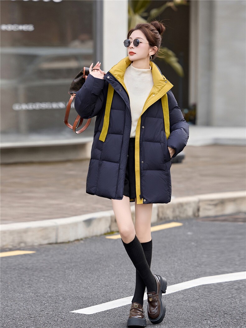现货！2025冬季新款女时尚气质休闲针织帽可拆卸撞色羽绒服,女装羽绒服,涵墨