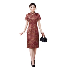 2025年夏季新品时尚气质金丝提花香云纱品质真丝喜庆中长款旗袍裙，女装汉服/婚纱/旗袍/礼服，媚琳依坊