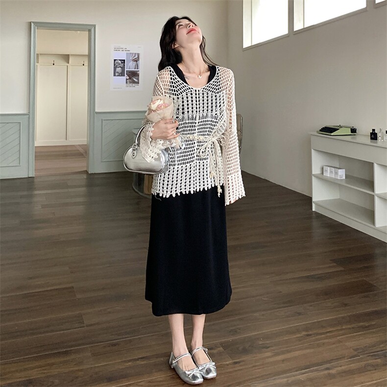 针织镂空罩衫连衣裙套装女2025夏季新款法式气质减龄背心裙两件套,女装套装/套裙,2C177