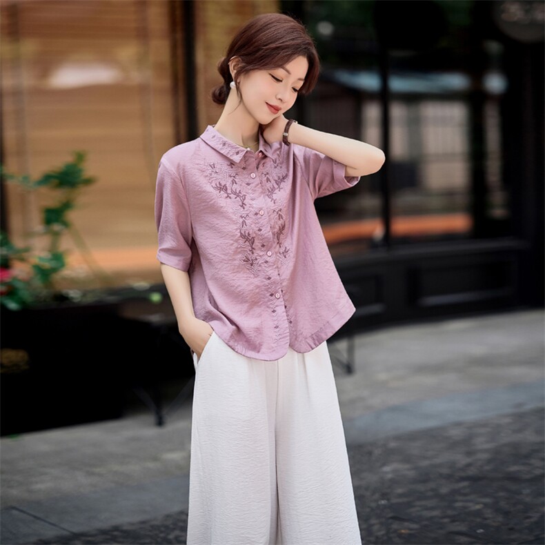 新中式国风刺绣女2025夏季新款妈妈气质短袖衬衫，女装衬衫，涵墨
