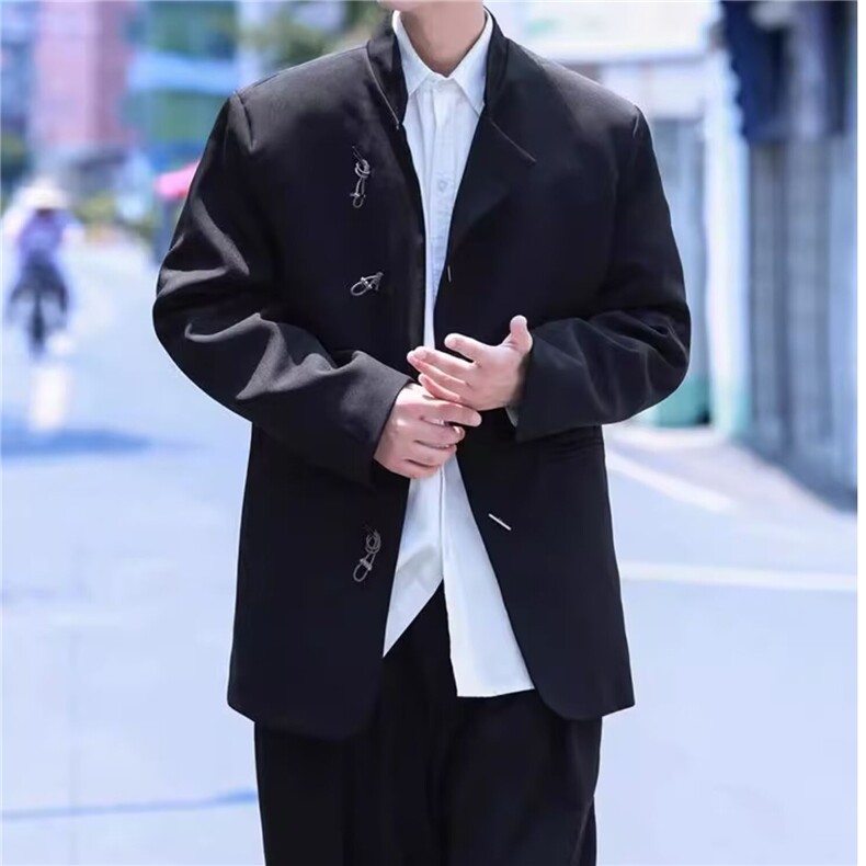 新中式立领垫肩西装外套春秋男女小众设计感金属扣休闲情侣西服,男装西服套装,星座601-1