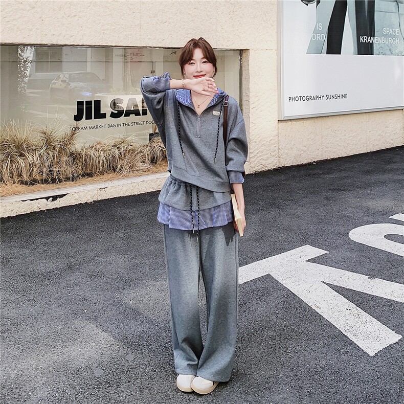 慵懒风假两件连帽卫衣女2025秋季新款休闲运动松弛感阔腿裤两件套,女装套装/套裙,2C326