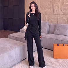 女春秋高级感穿搭一整套时尚气质套装不规则长袖上衣微喇裤两件套，女装套装/套裙，江南