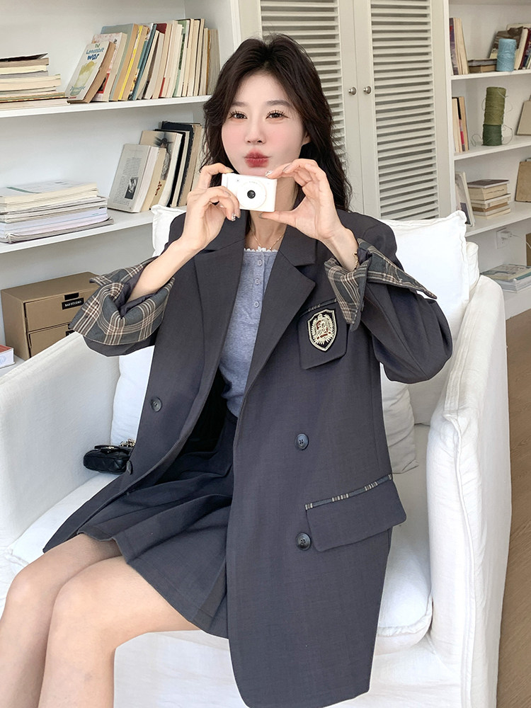 韩系学院风西装套装裙女2025春季新款格纹拼接西服百褶裙两件套裙,女装套装/套裙,韩蜜菓