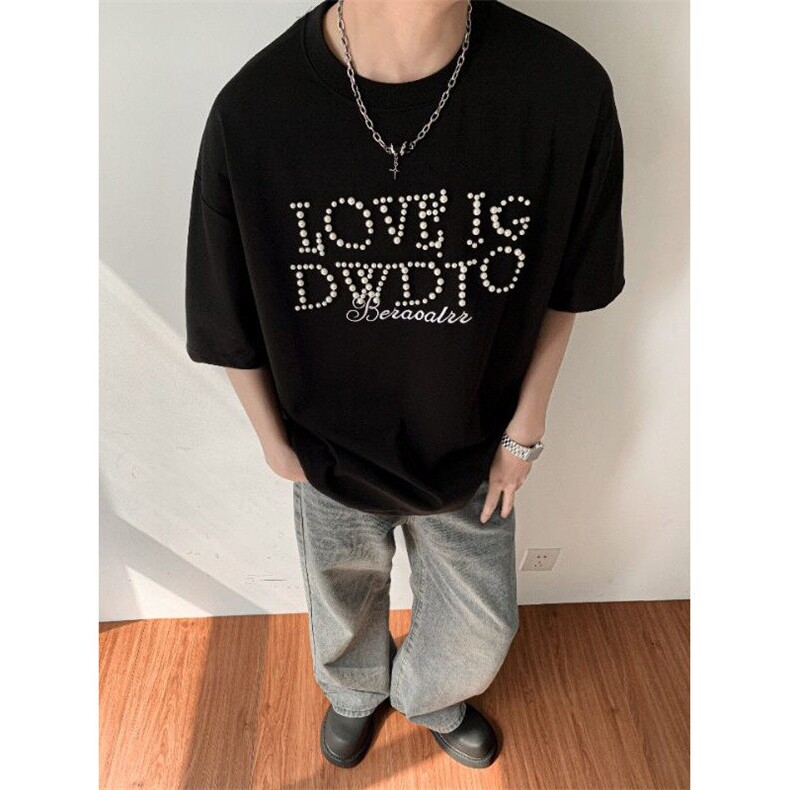 美式复古设计立体珍珠字母短袖t恤男女夏季潮牌cleanfit圆领体恤，男装T恤，星座601-2