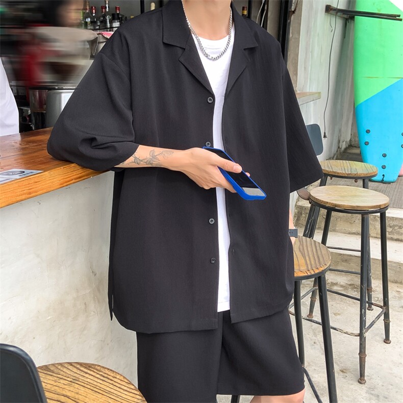 TZ62627/P55弹力短袖衬衣套装男女夏款港风衬衫短裤两件套,男装休闲套装,电商A141