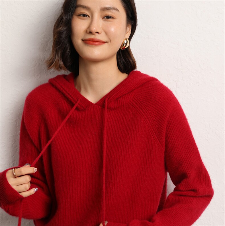 连帽毛衣女秋冬2024新款宽松慵懒风针织衫长袖羊绒衫,女装羊绒衫,五色羊羊绒
