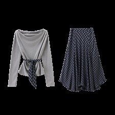 现货现货格子半身裙女收腰2026春装新款超火穿搭一整套裙，女装套装/套裙，伊仟回