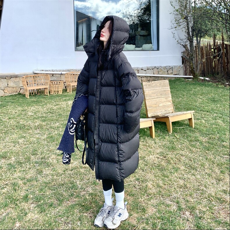 黑色长款连帽羽绒服女冬季2025新款韩系高级感加厚保暖白鸭绒外套,女装羽绒服,2C168