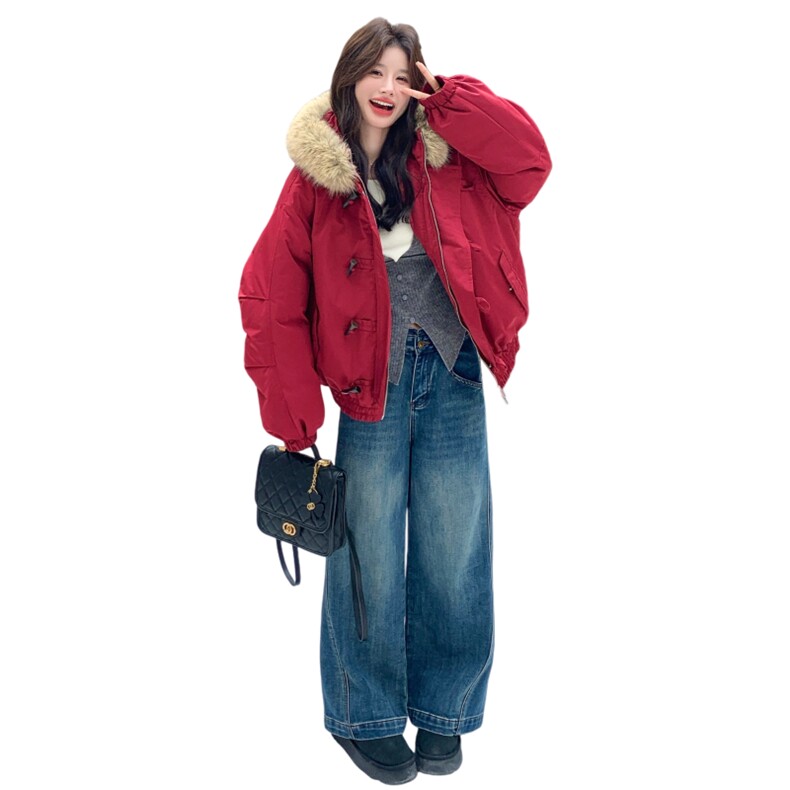 大毛领红色棉服女2025冬季新款韩版宽松棉衣2C206-L658-P235-K358,女装棉衣/棉服,2C206