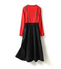 时尚百搭长袖连衣裙显瘦修身红色黑色拼接设计，女装连衣裙，笃写