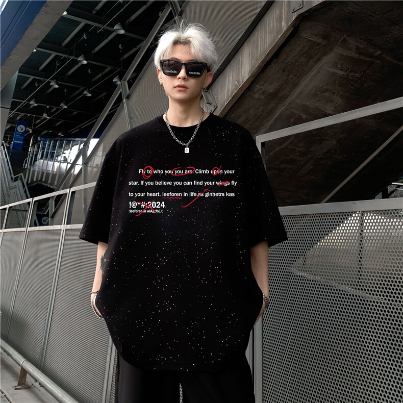 美式复古满天星重工反光短袖T恤男女情侣款宽松圆领休闲上衣特p28,男装T恤,电商C307A