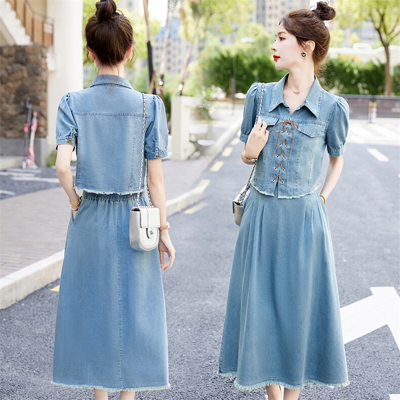 新中式国风时尚套装裙女夏季2025新款高级感法式牛仔连衣裙两件套，女装套装/套裙，魅影