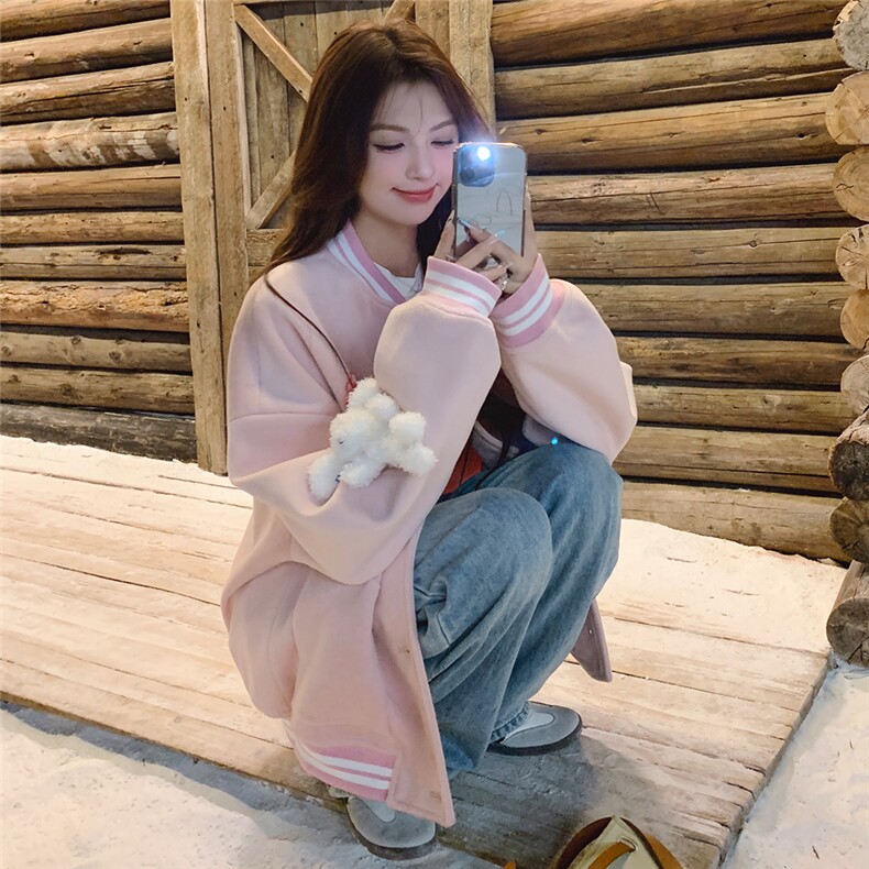雪景甜美粉色毛呢棒球服（玩偶可拆卸）,女装毛呢外套,天使之佳话