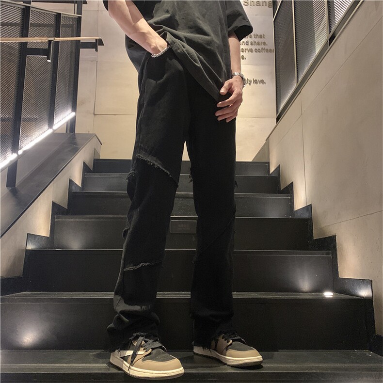 潮牌美式高街毛边牛仔裤男休闲黑色微喇叭长裤D0988 P55图片