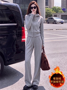 女秋冬季新款小个子韩系穿搭套装拉链连帽长袖卫衣阔腿长裤两件套图片