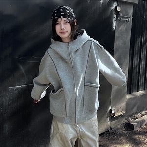 抖音得物高品质秋冬美式高街重磅结构辑明线纹理连帽卫衣外套W111图片