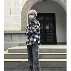 春秋季减龄翻领格子衬衫男拼接领女韩版休闲长袖上衣潮C53，男装衬衫，星座1116A（原606A-3）