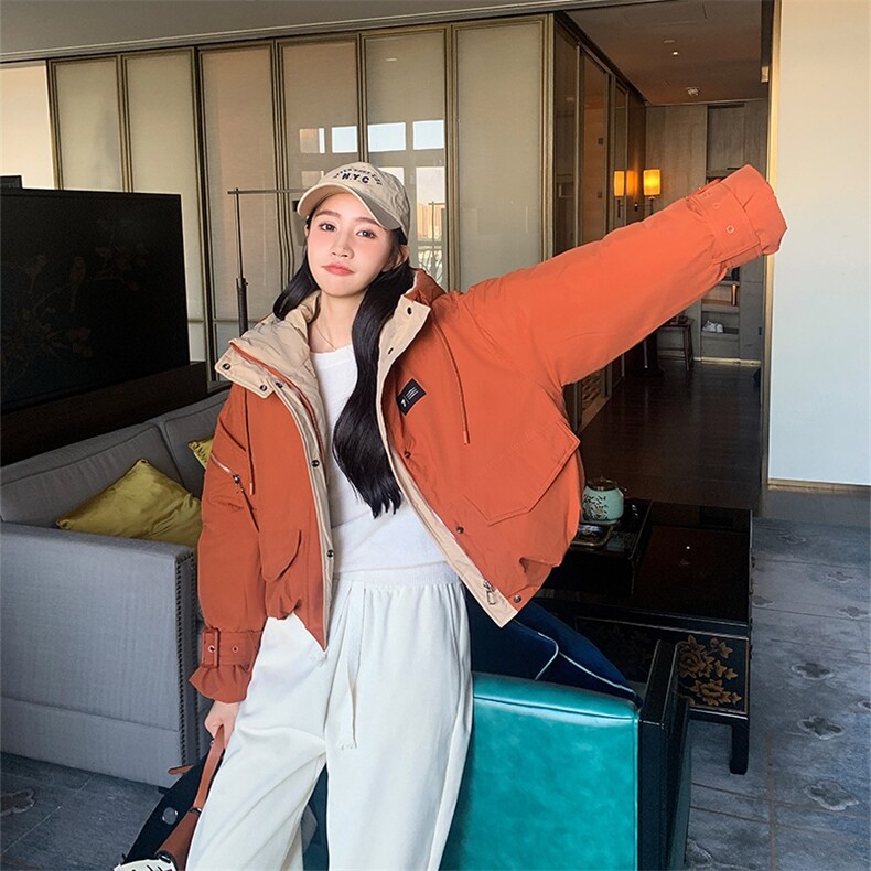 2024冬季新款韩版棉服女短款连帽小个子加厚时尚撞色棉衣外套潮,女装棉衣/棉服,冬木谷雨