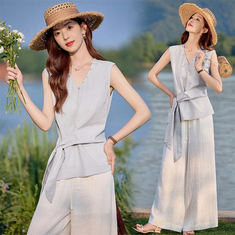 无袖通勤套装女2025夏款韩系高级感气质V领绑带上衣阔腿裤两件套，女装套装/套裙，美沁