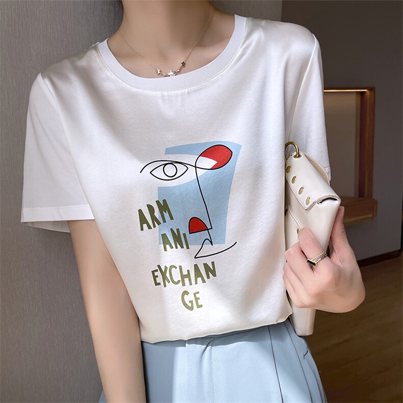 重磅真丝t恤女短袖印花桑蚕丝白色圆领小衫2024夏装半袖短款上衣,女装T恤,兴泰羊绒