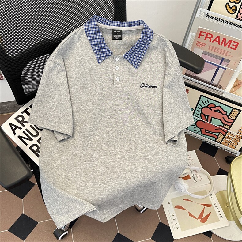 学院风格纹POLO衫短袖学院风翻领拼接情侣半袖YA199P38,男装Polo衫,星座1013-1