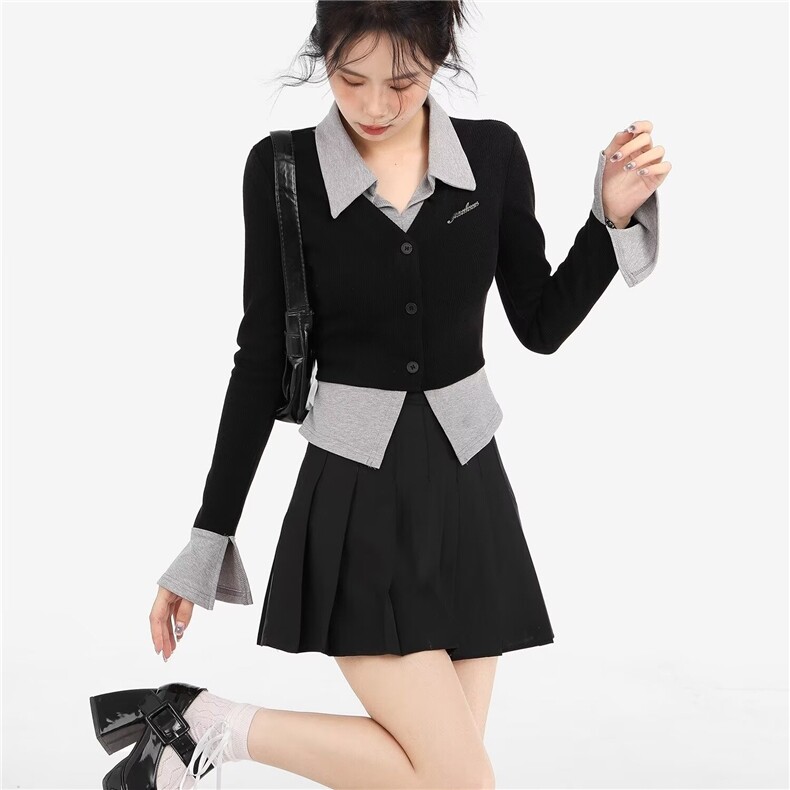 韩都衣舍黑色针织开衫女早秋季学院风假两件修身外搭短款长袖上衣,男装卫衣,星座1210-1
