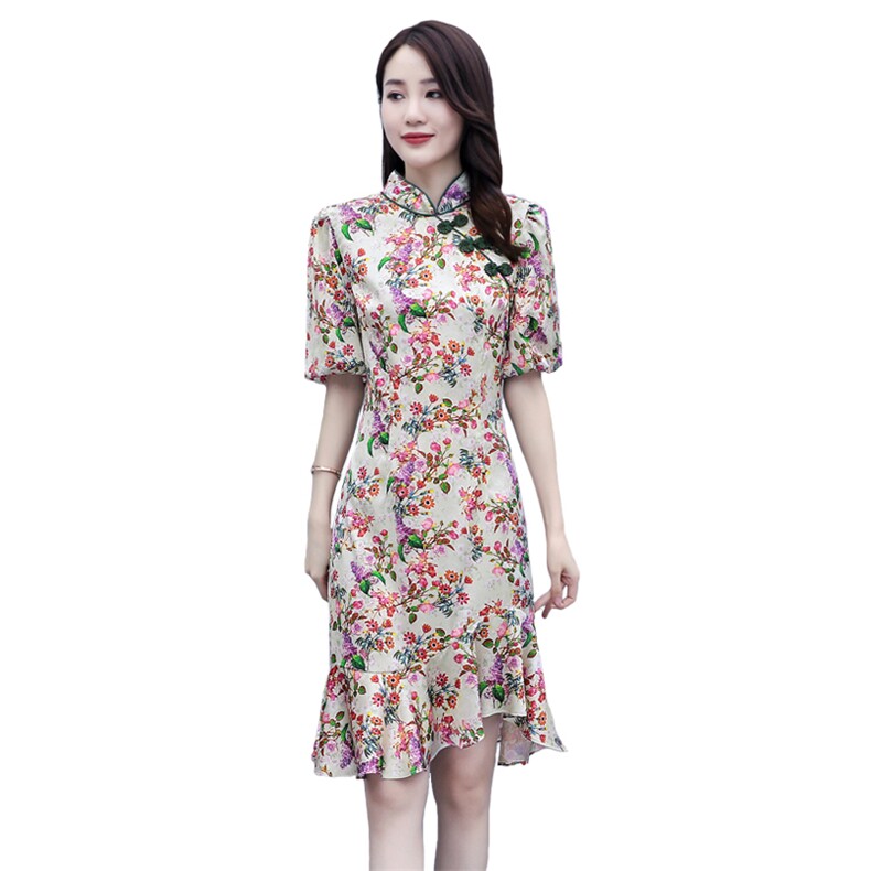 【纪菲施洛】正品香港轻奢新中式旗袍连衣裙女立领雪纺裙子,女装连衣裙,岚衣(原川流布茜）