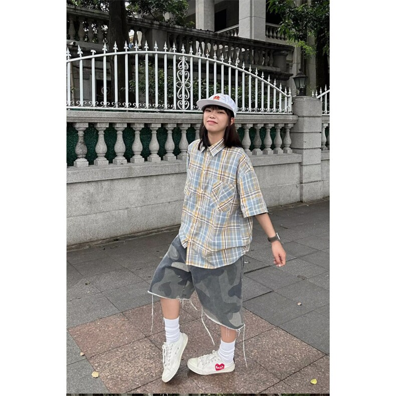 1506/Q52210/P37港风格子短袖衬衫男款潮牌美式休闲百搭情侣衬衣,男装T恤,星座1506